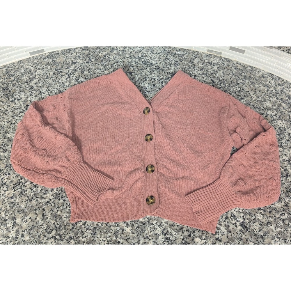 Moon & Madison Women's Pink Cropped Cardigan Balloon Sleeve Button Cottagecore